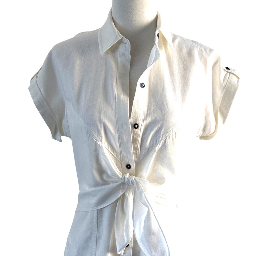 Anthro Maeve Linen Tie Front Shirt Dress White Size 0 Coastal Preppy Midi - Picture 3 of 11